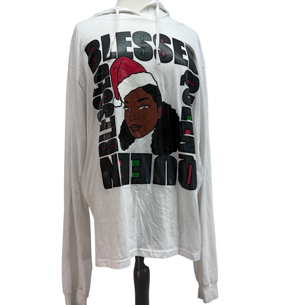 Blessed Queen‎ Womens 3X Christmas Santa Hat Graphic Hoodie Long Sleeve Ivory